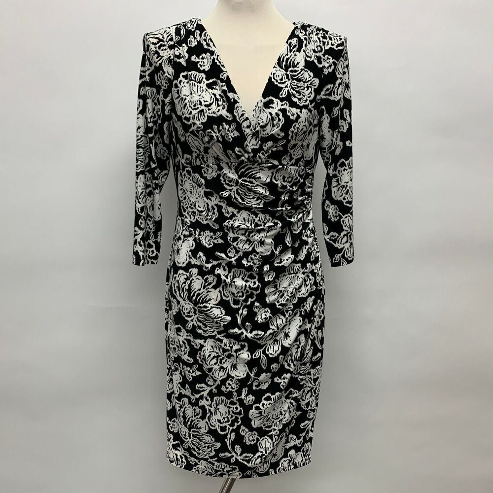 Lauren Ralph Lauren Women's Dress 8 Multicolor Black Ivory‎ Floral Faux Wrap
